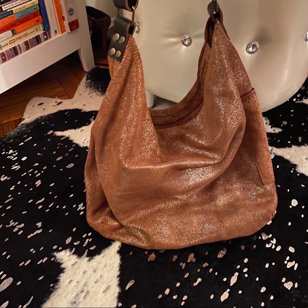 Lara B “Brandy Sparkle” Brown Sparkly Leather Tote Bag w Zipper Top - Picture 3 of 5